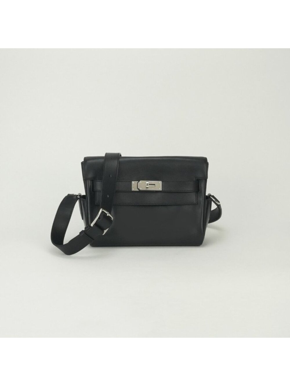 Hermes Kelly Messenger PM Shoulder Bag Evercolor Noir Black Silver